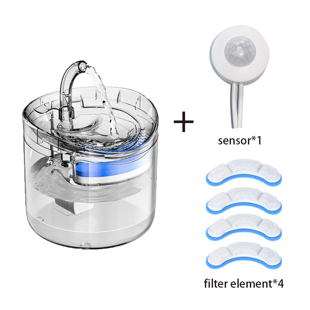 A clear pet water fountain device shown with a water stream, plus four filter elements.