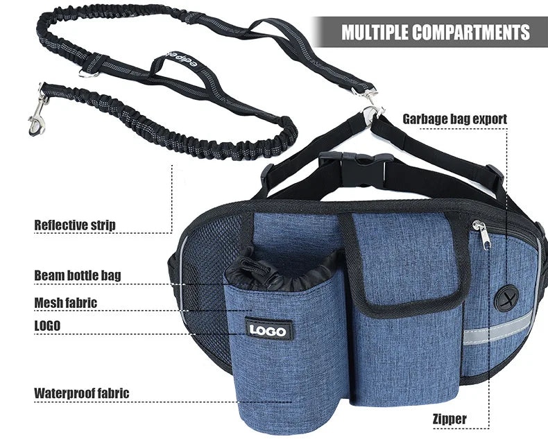 A blue hands-free dog walking belt with multiple compartments, a treat pouch, and a bungee leash.
