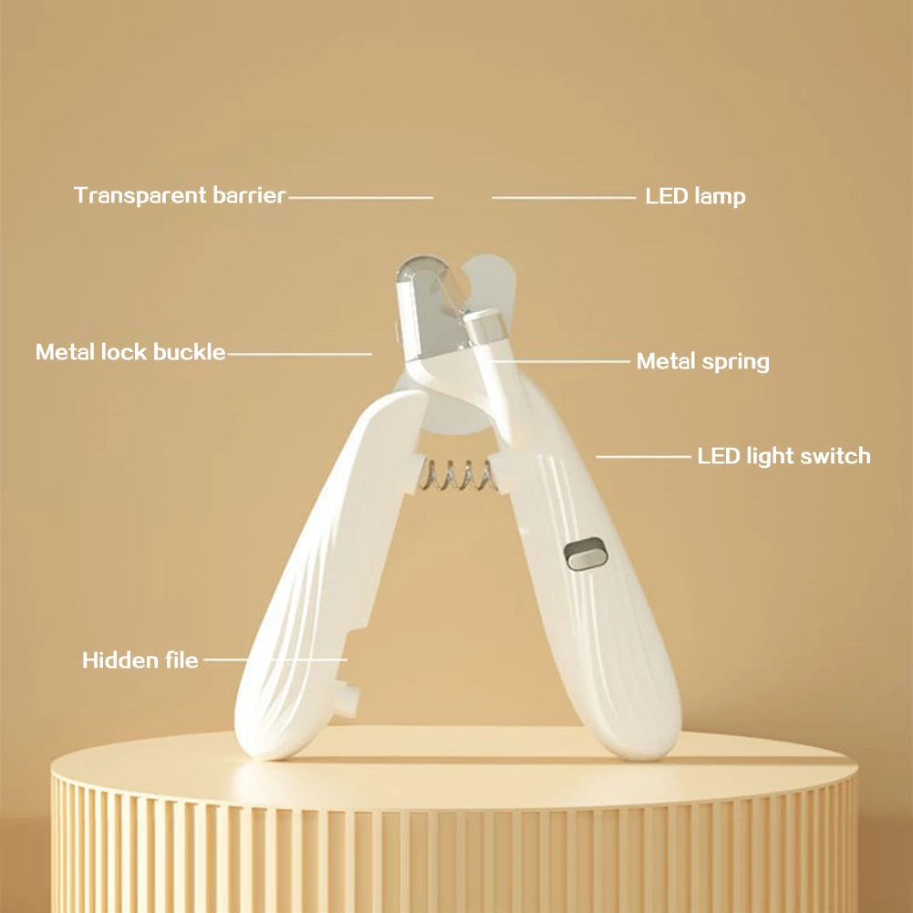 A white pet nail clipper tool with a transparent barrier, metal lock buckle, and LED light switch.