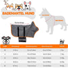 A variety of sizes of a gray adjustable dog bathrobe are shown alongside illustrations of dogs.