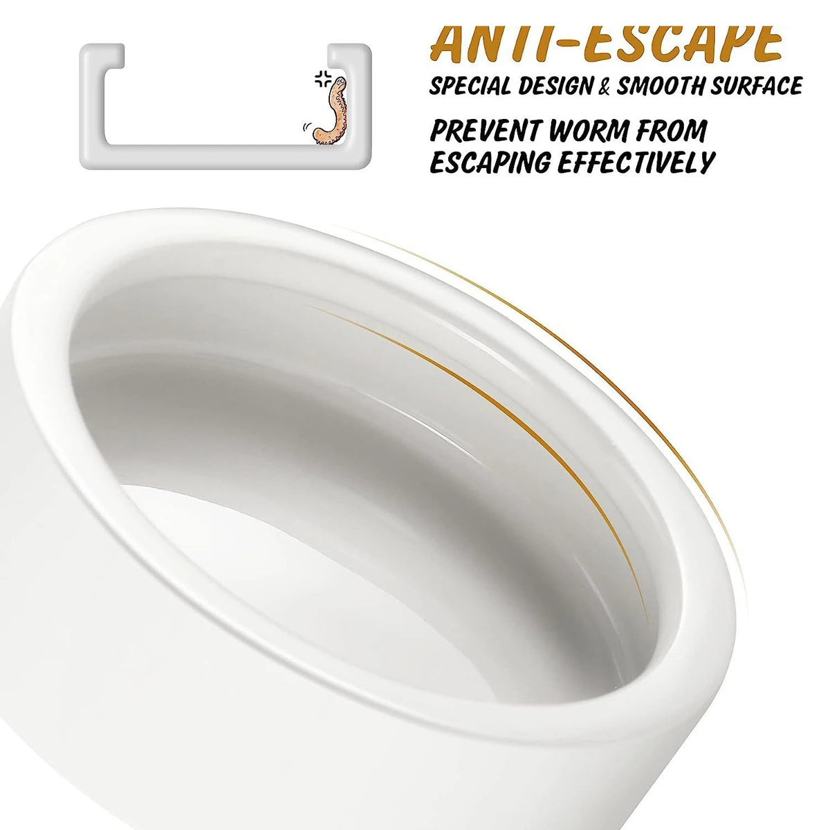 A white ceramic reptile feeding bowl with a smooth surface and an anti-escape design feature.