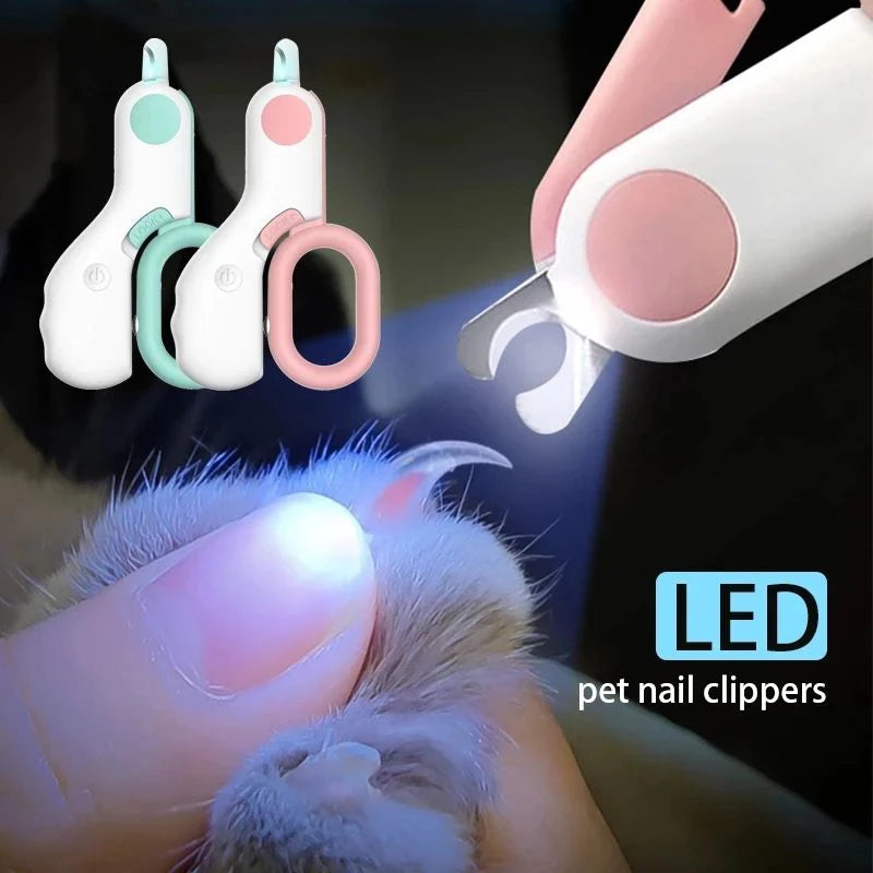 Eine Hand verwendet eine LED-Katzennagelnipper mit einem Sicherheitsverschluss, um die Nägel einer Katze zu schneiden.