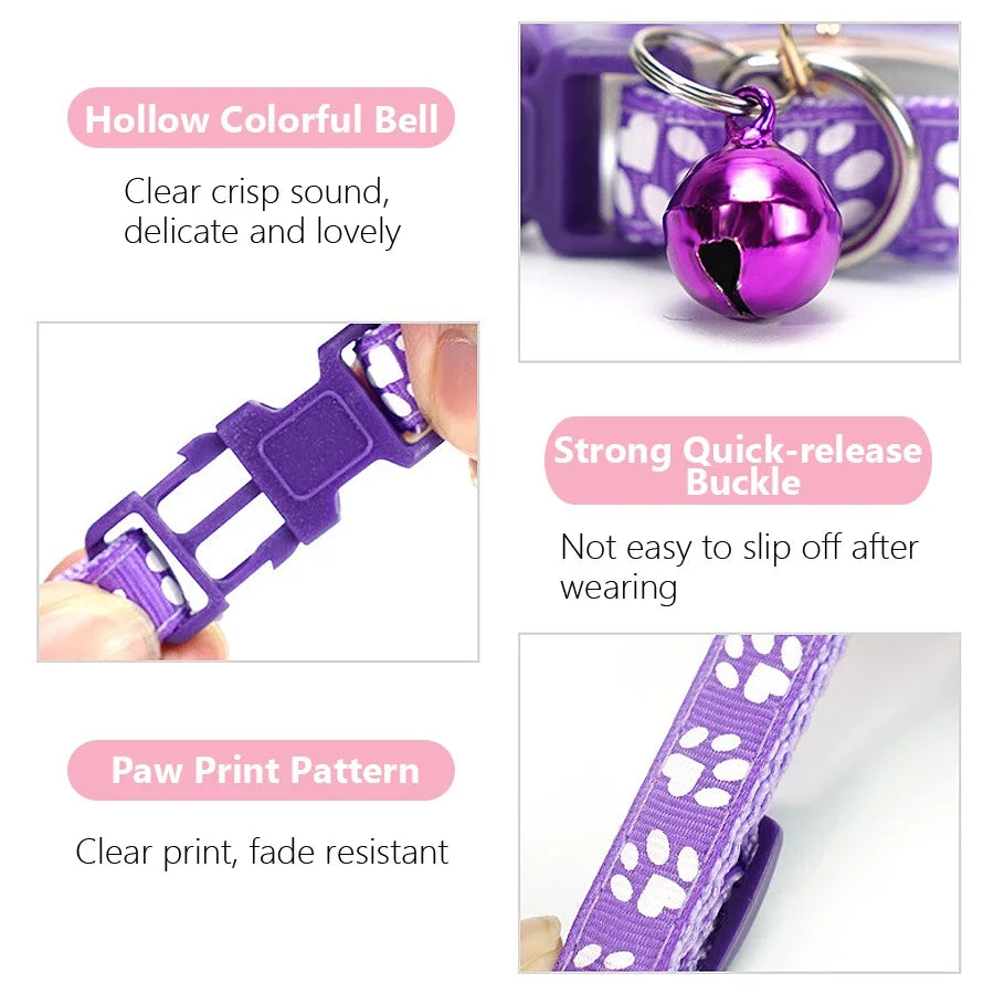 Purple adjustable pet collar with a colorful bell and paw print pattern