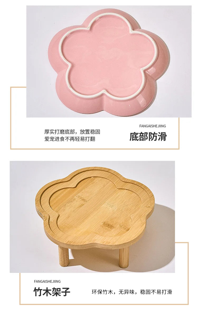 Ceramic Pet Bowl with Wood Stand – Elegant Bow Knot Design