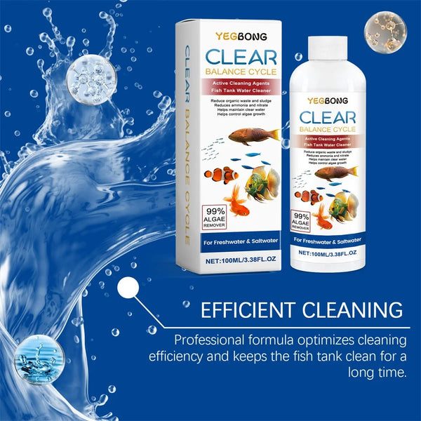 Produit Yegbong Clear Balance Cycle, montrant une bouteille et une boîte pour nettoyer l'eau d'un aquarium