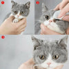 Three images showing a gray and white cat being cleaned with wipes.