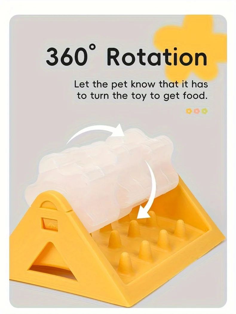 Gelter Puzzle-Dispenser mit einem weißen Spielzeug, das 360-Grad-Rotation für Hundefutter demonstriert.