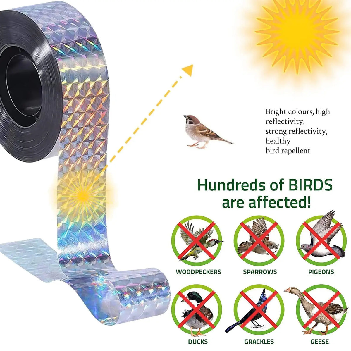 Roll of reflective bird deterrent tape showing bright colors and a bird silhouette