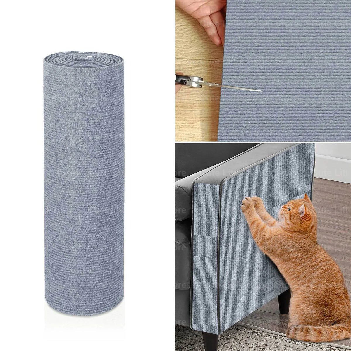 Rouleau de protection auto-adhésive pour griffes de chat montrant une surface grise texturée et une main testant le matériau.