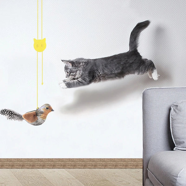 A gray cat toy is suspended by yellow strings, with a small bird figurine also visible on the wall.