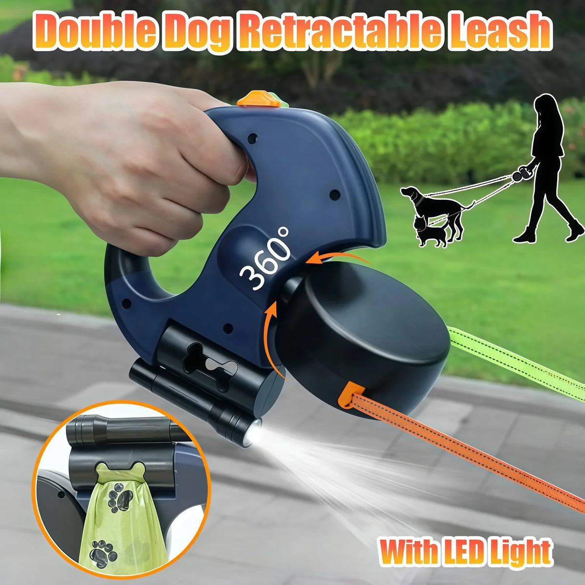 A hand holds a blue retractable dog leash with a 360 degree swivel and an LED light, demonstrating its use.