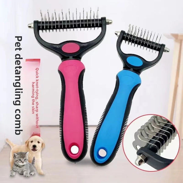 Two professional pet deshedding brushes for dogs and cats in pink and blue, shown next to pets.