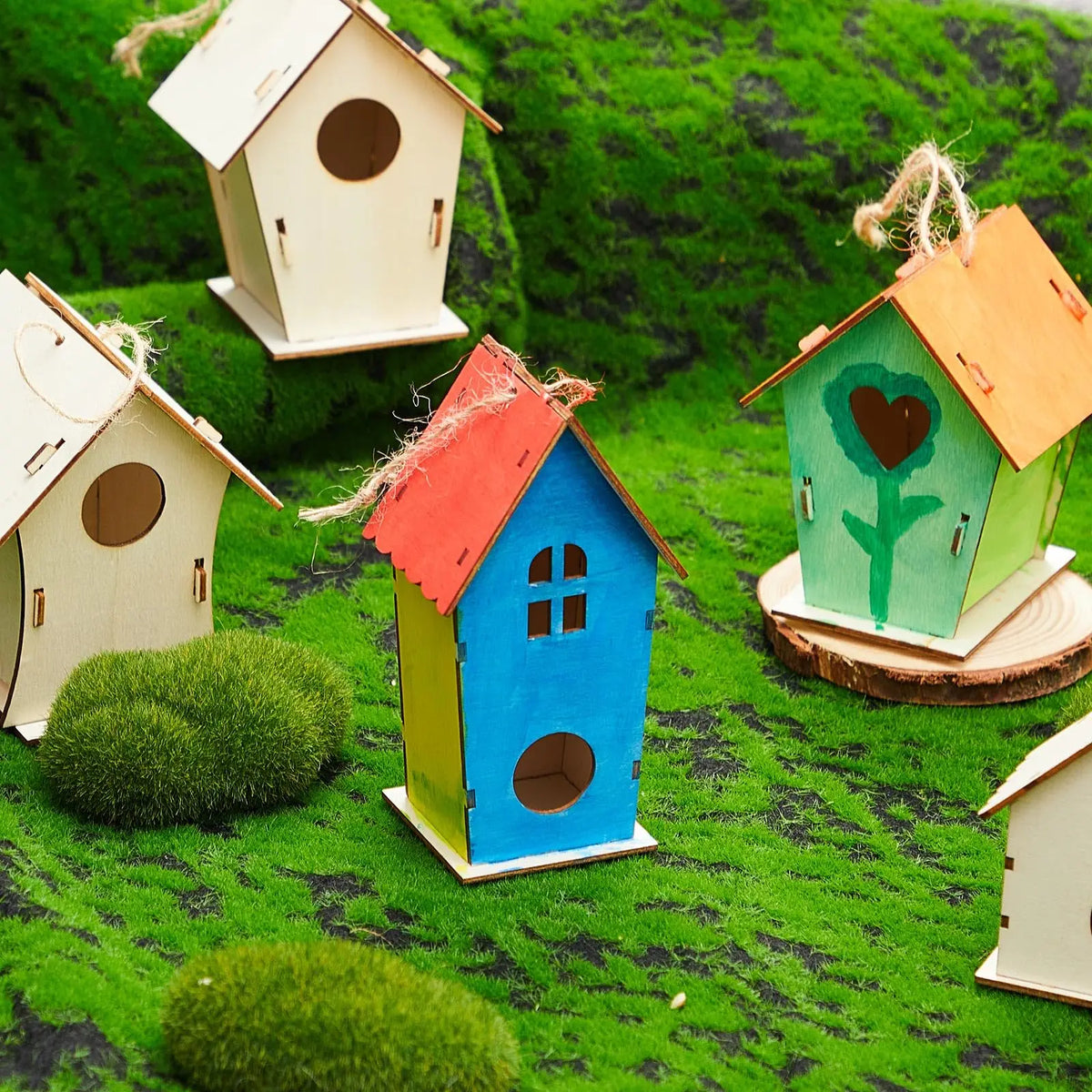 Unfinished Wooden Bird House Kit with Hemp Rope for DIY Painting