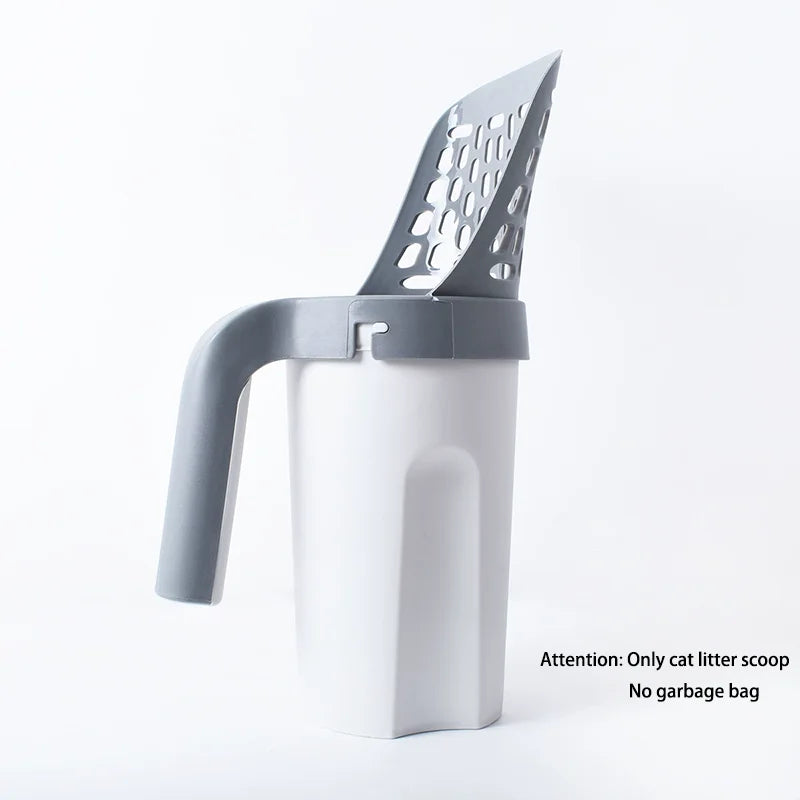 A white integrated pet waste scoop with a gray handle and perforated top, shown against a white background.