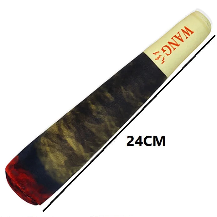 A long, cylindrical plush dog toy with a black and red striped exterior and yellow wrapping, featuring the name WANG.