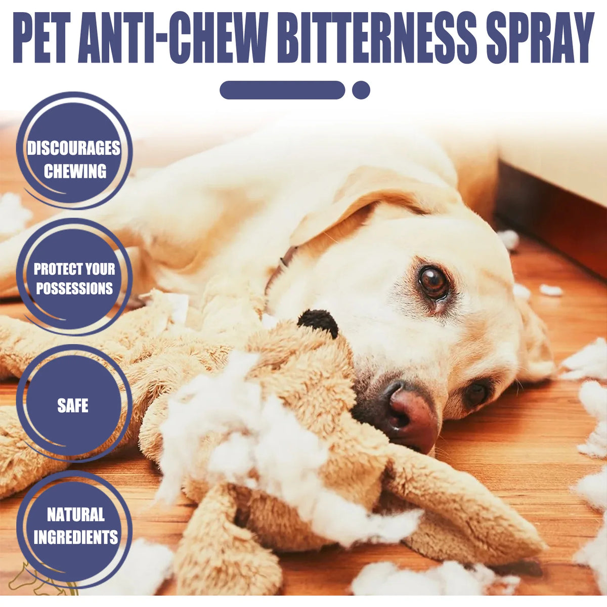 Un golden retriever allongé sur un plancher en bois avec un jouet doux, à côté d'un spray anti-morsure pour animaux.
