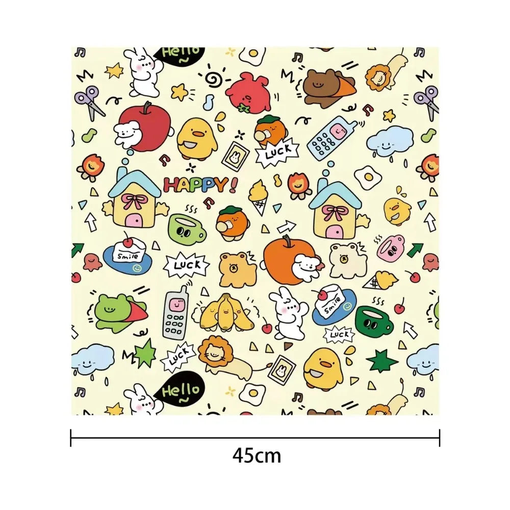 A repeating pattern of cute cartoon animals and objects like apples, eggs, clouds, and a house on a light yellow background.