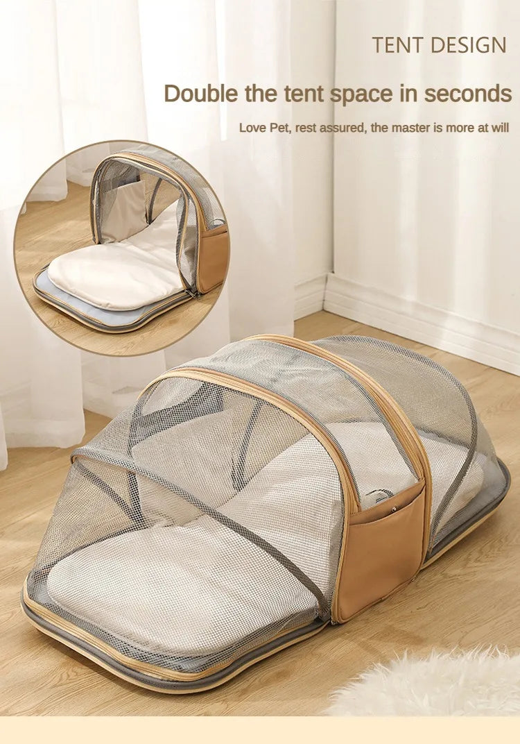 A beige breathable pet carrier backpack designed to double tent space for small pets.