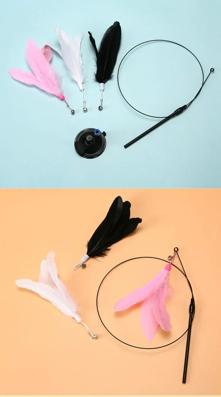 Suction Cup Cat Teaser Wand with Feather Toy and Bell