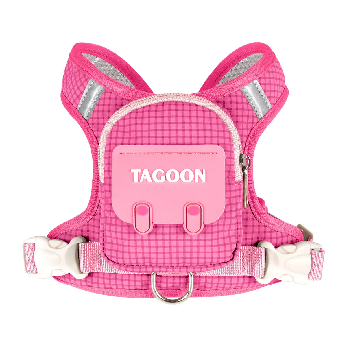 Pink pet backpack harness for small dogs with a checkered pattern and silver accents