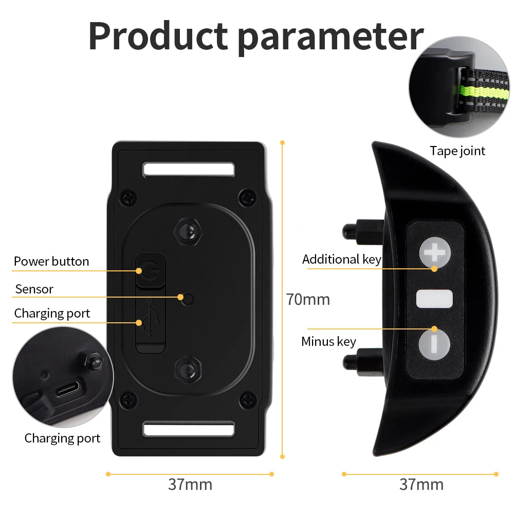 Diagram showing the parameters and components of an automatic anti-bark training device, including buttons, sensor, charging 