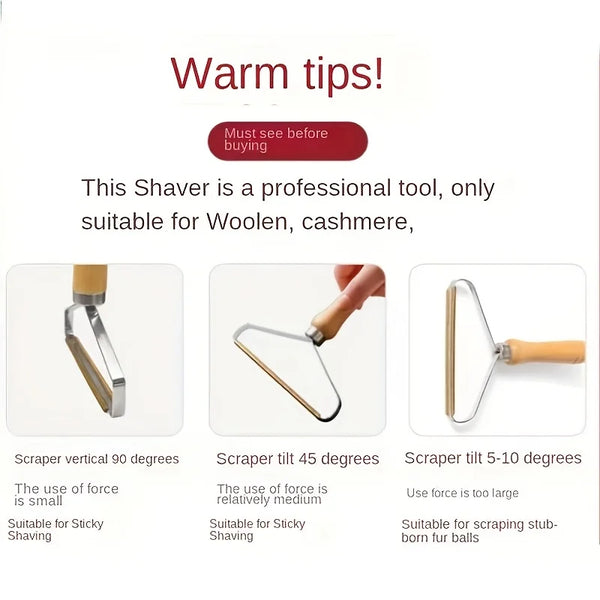 Three different angles of a professional shaver demonstrating vertical, tilt, and general use on fabric.