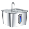 Stainless steel automatic cat water fountain with a visible water flow and an illuminated blue button.
