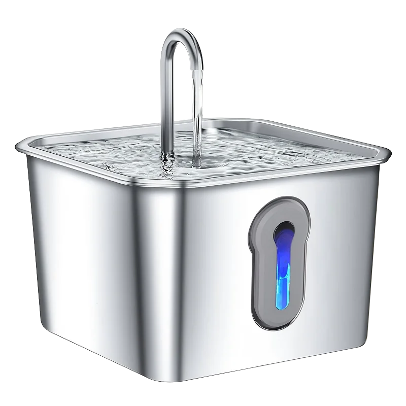 Stainless steel automatic cat water fountain with a visible water flow and an illuminated blue button.