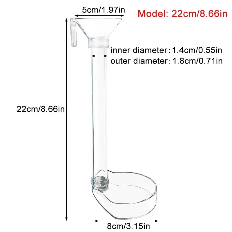 Adjustable aquarium feeder with a transparent tube and a shallow dish, measuring 22cm long.