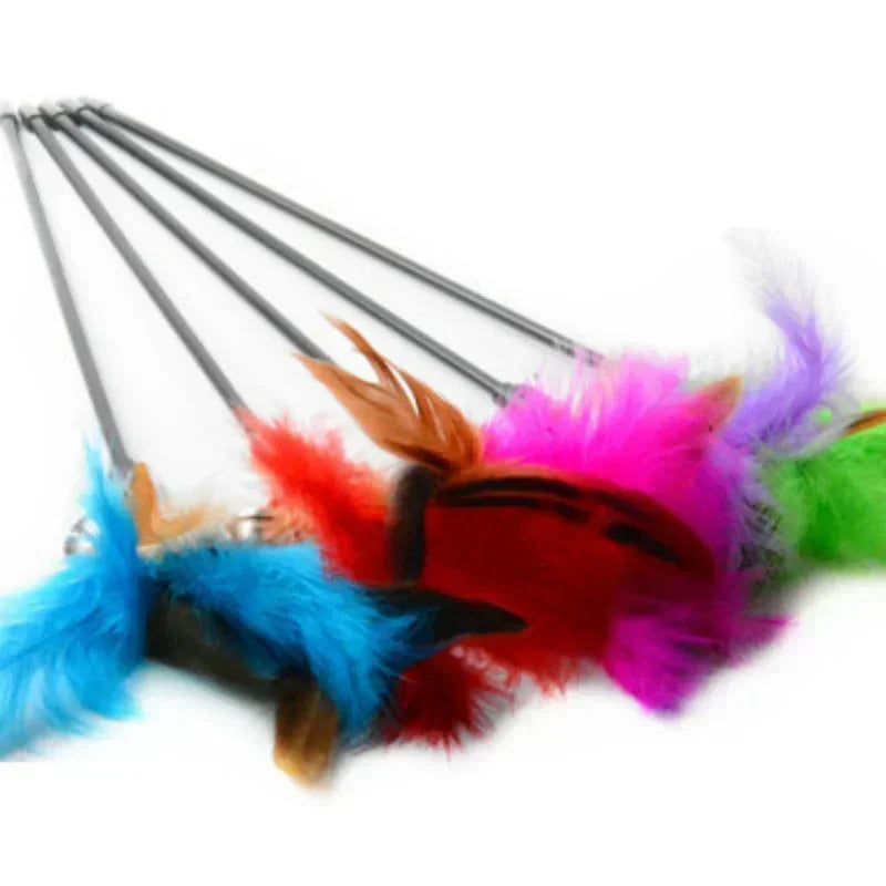 Interactive feather wand cat toy featuring colorful feathers and a bell.
