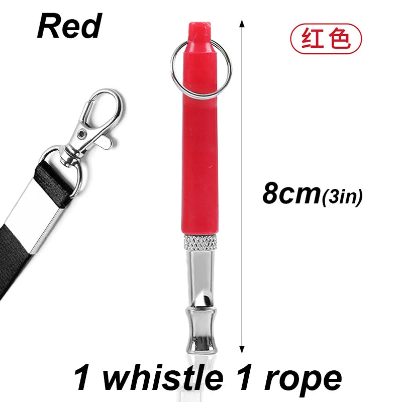 A red ultrasonic dog whistle with a silver clip and rope, shown vertically.