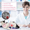 A woman smiles while holding a pink post-surgery recovery suit for a cat on a white surface.