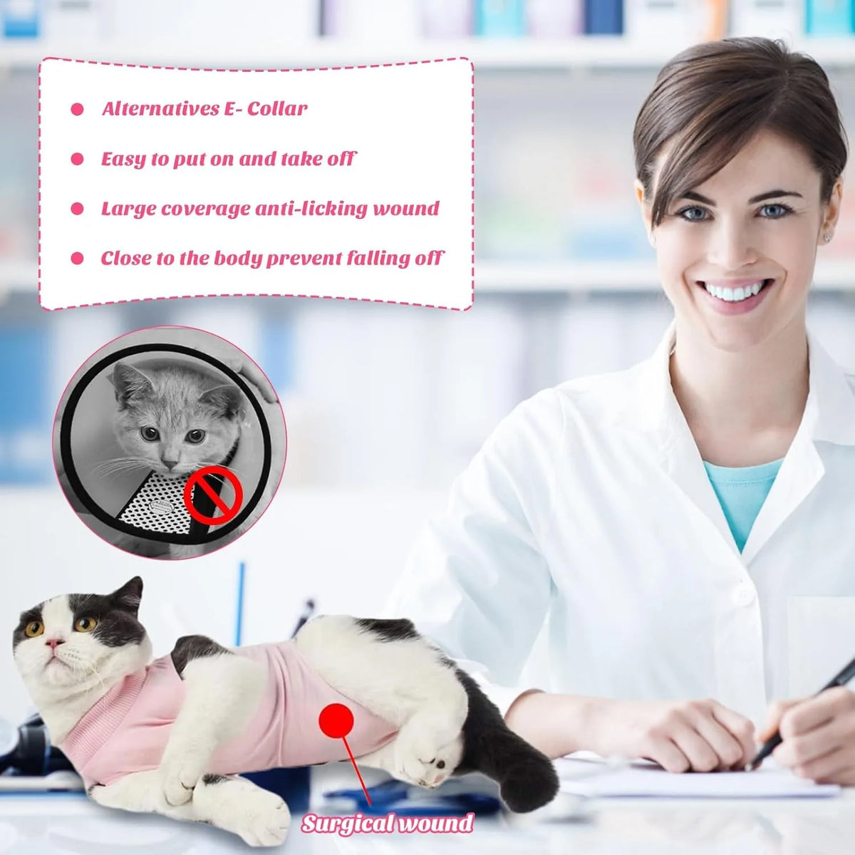 A woman smiles while holding a pink post-surgery recovery suit for a cat on a white surface.