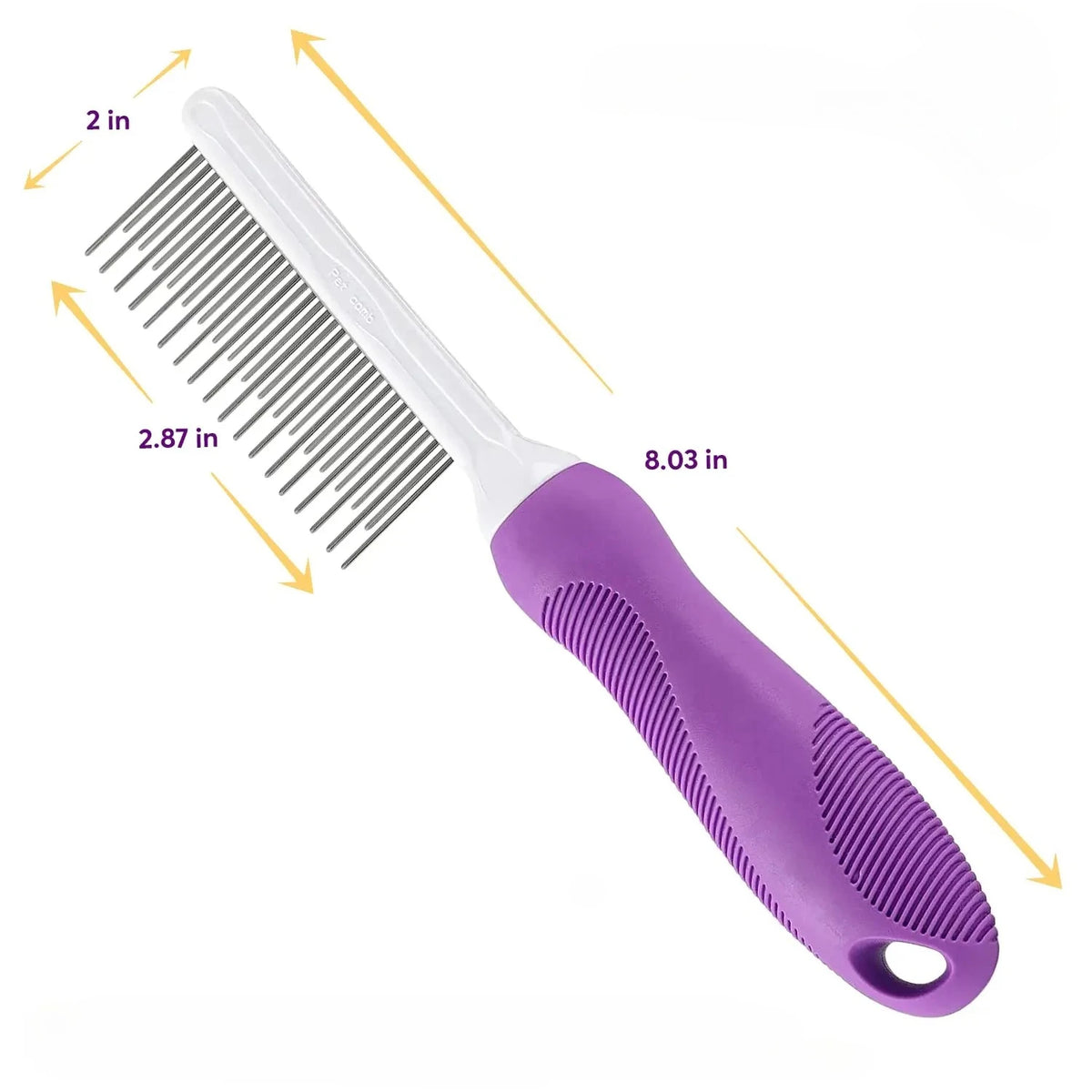 A purple dual-sided pet grooming comb with stainless steel teeth shown with dimension lines.