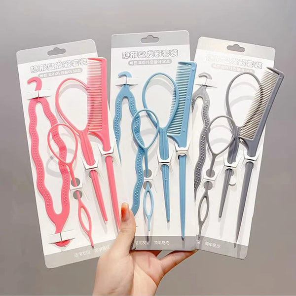Colección de pinzas para el cabello rosa y azul, incluyendo peines y rizadores, empaquetados en cartón blanco.