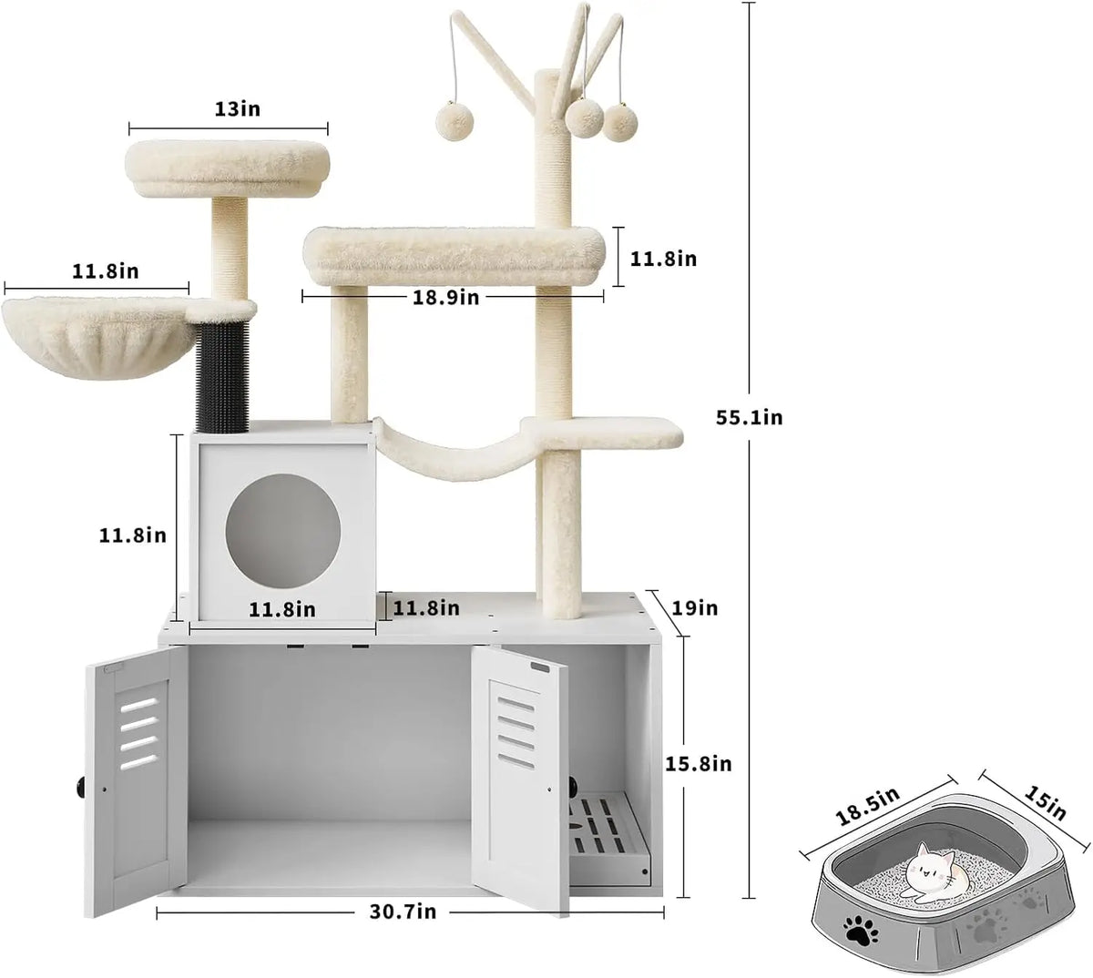2-in-1 Cat Tree with Hidden Litter Box Enclosure, White