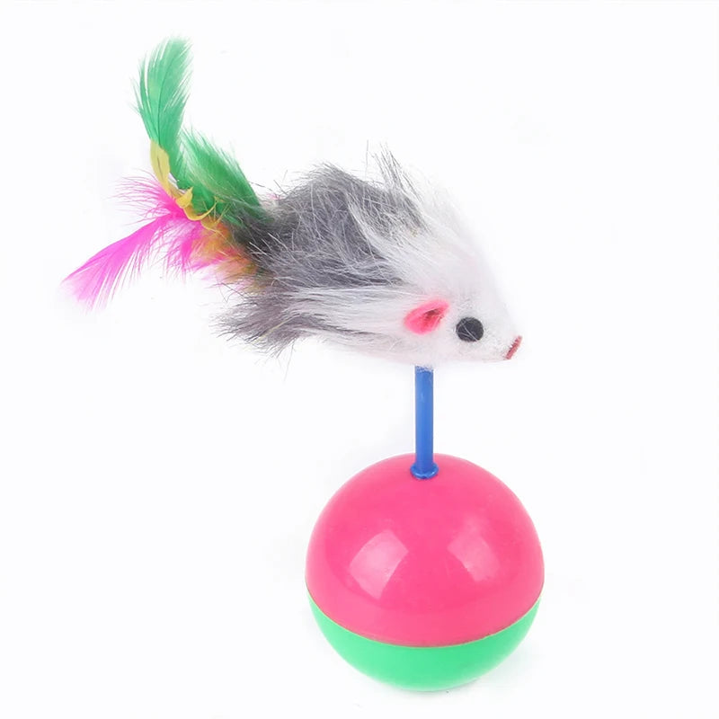 A gray and white cat play tunnel toy set featuring a mouse ball and a feather wand.
