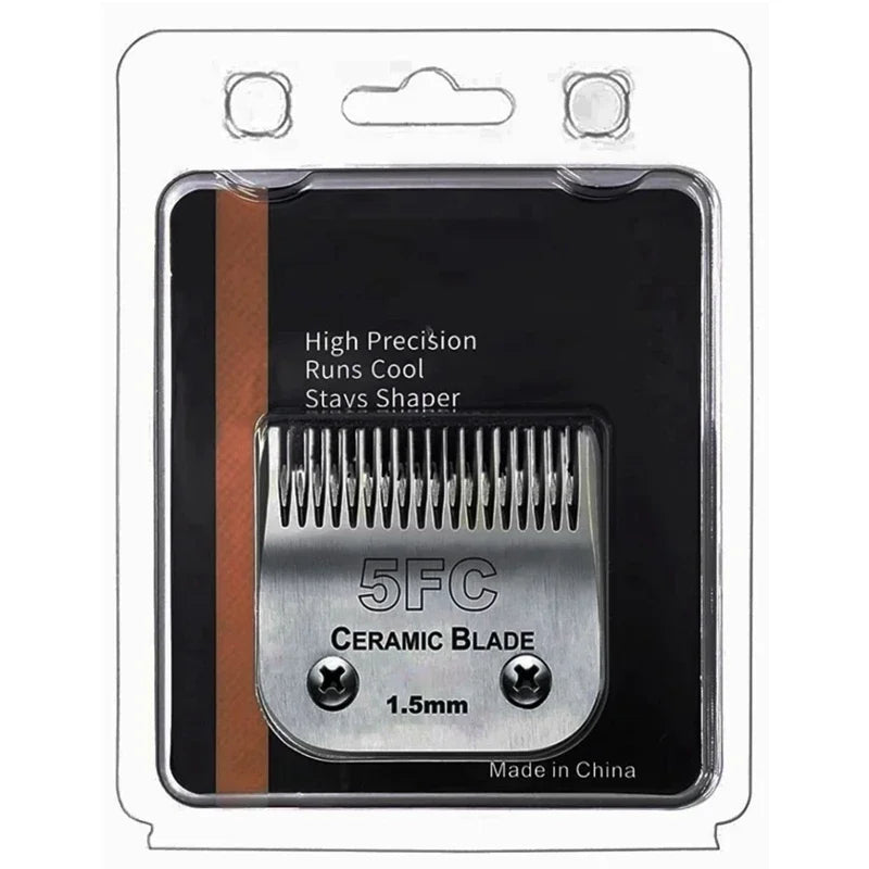 A black plastic case containing a 5FC ceramic blade for a Stays Shaper pet clipper, measuring 1.5mm.