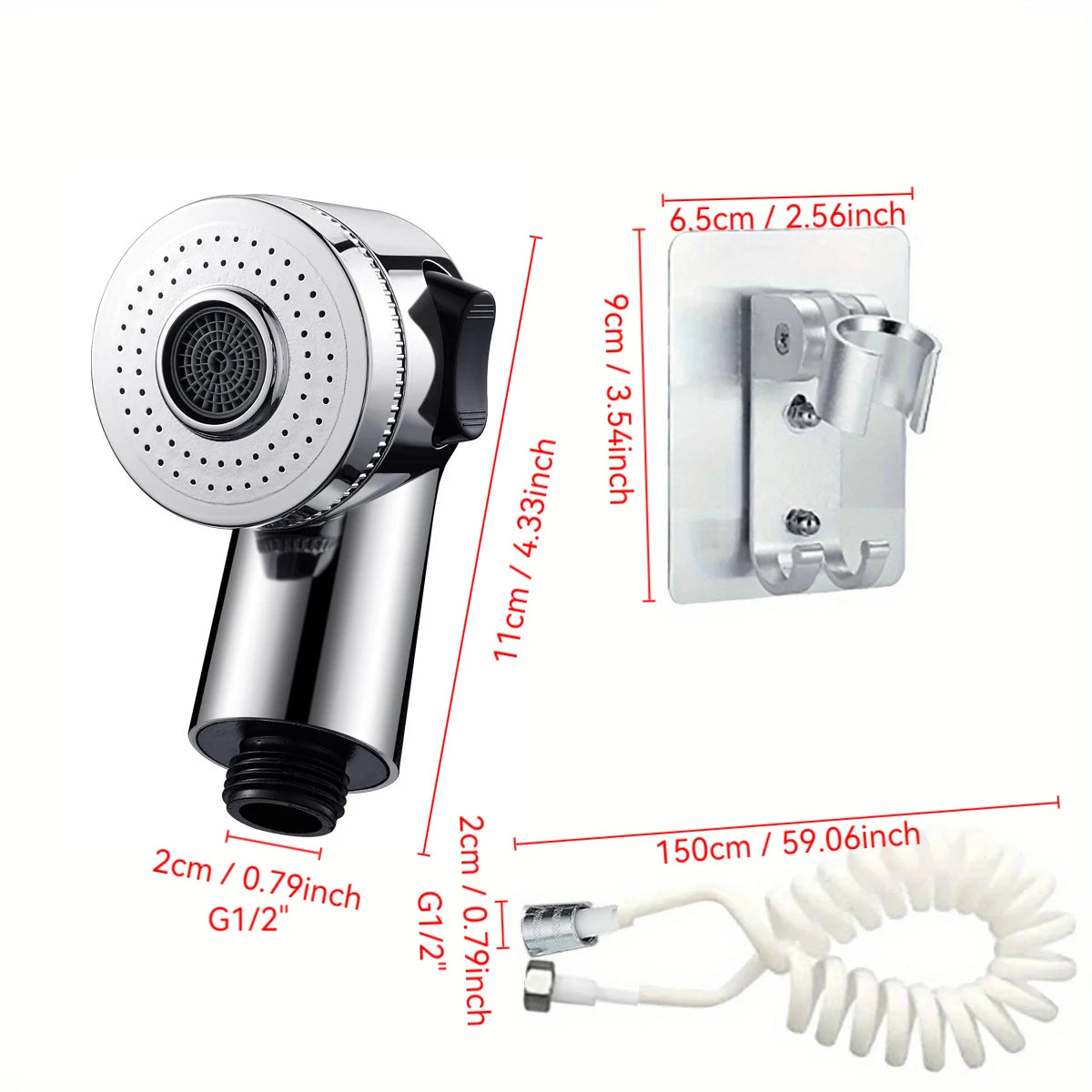 A chrome kitchen sink sprayer attachment with a threaded nozzle and flexible hose, shown with its mounting plate.