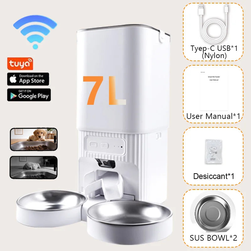 A white smart pet feeder with a camera and dual stainless steel bowls is shown next to its accessories.