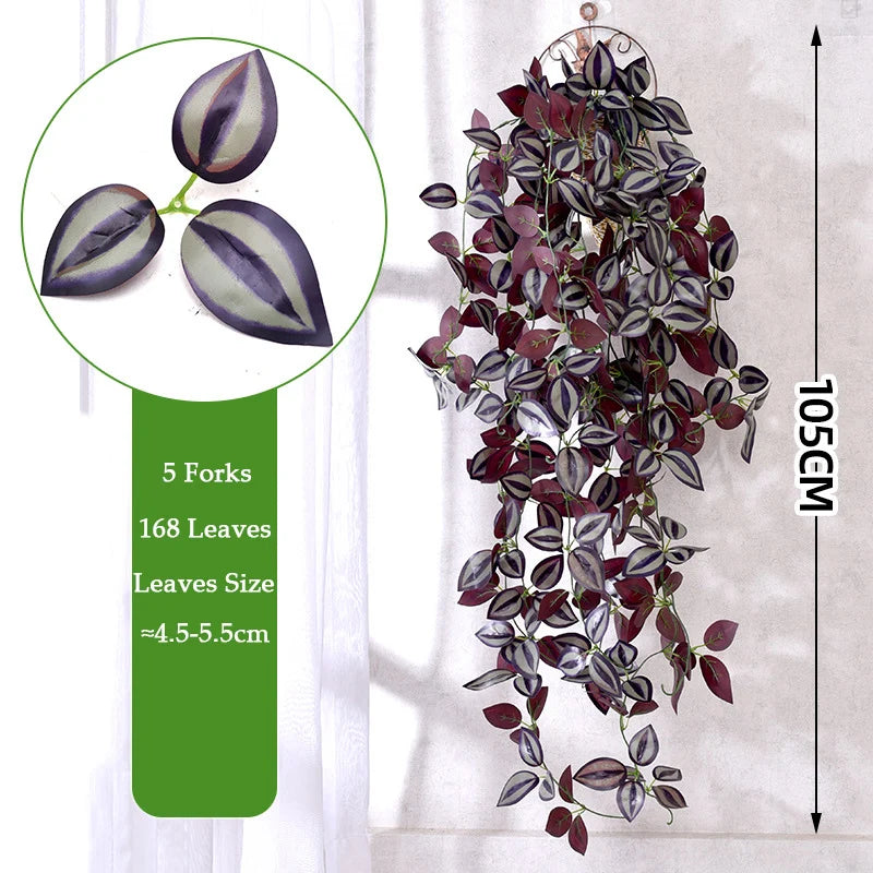 Artificial ivy wall hanging plant featuring dark purple leaves and five forks