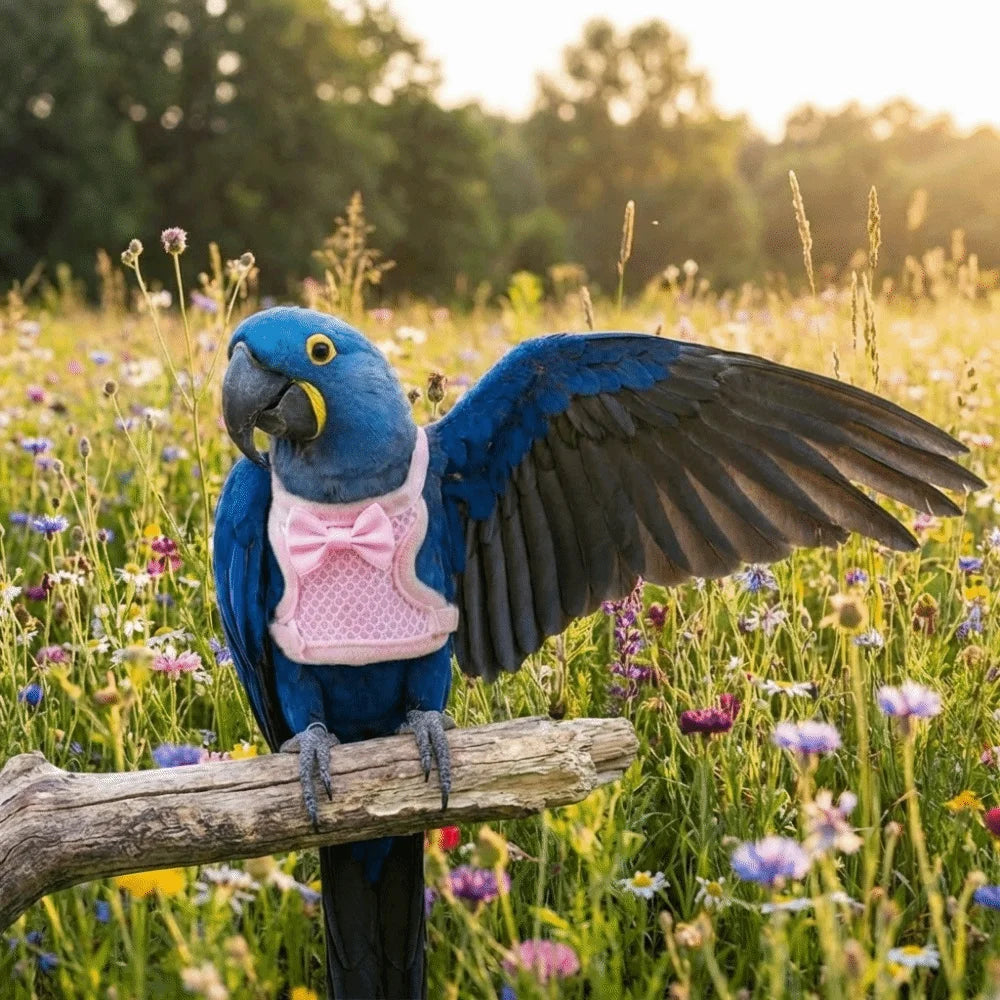 A blue parrot with outstretched wings perches on a wooden log amidst a field of wildflowers.