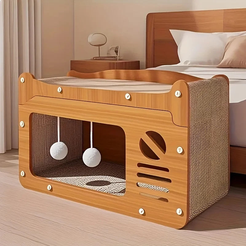 بيت قطط كبير مع لوح خدش - مأوى داخلي لقطط متعددة