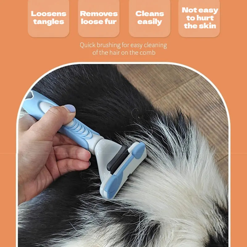 A hand is using a light blue pet thinning comb to brush and clean the fur of a dog or cat.