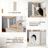 A wooden cat tower featuring sisal scratching posts and a litter box enclosure for cats.