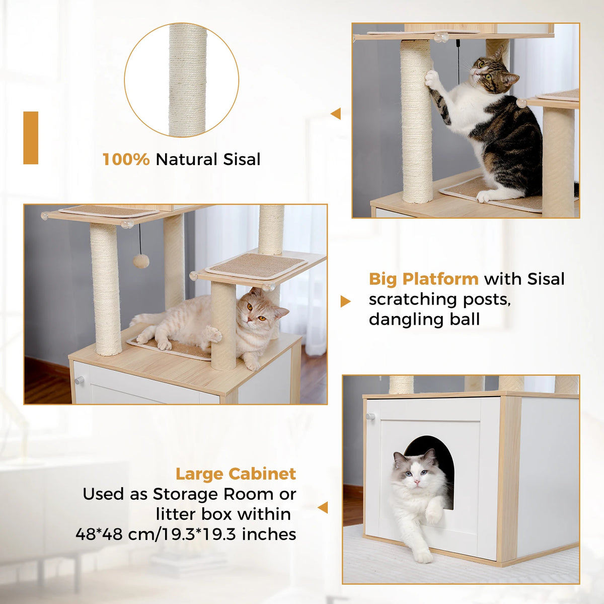 A wooden cat tower featuring sisal scratching posts and a litter box enclosure for cats.