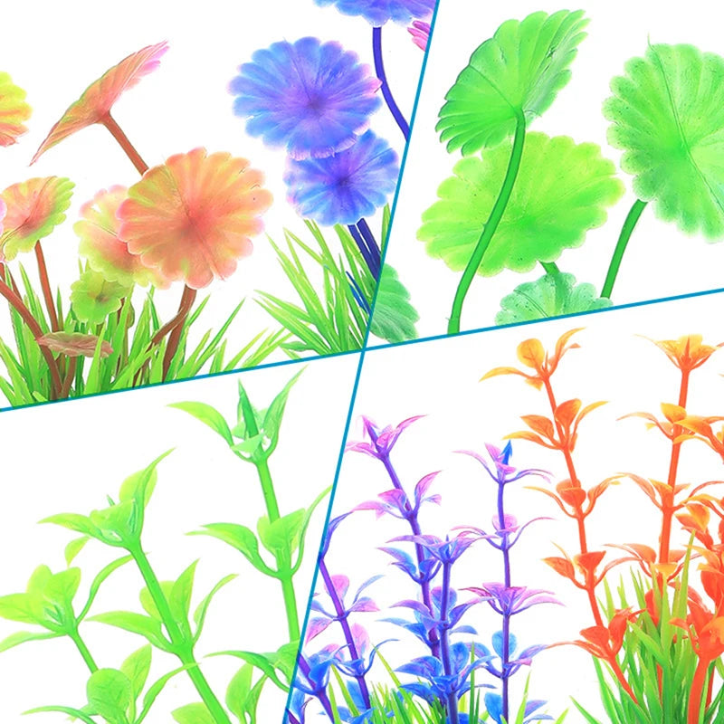 Vibrant watercolor illustration of various aquatic plants in shades of green, purple, and orange.