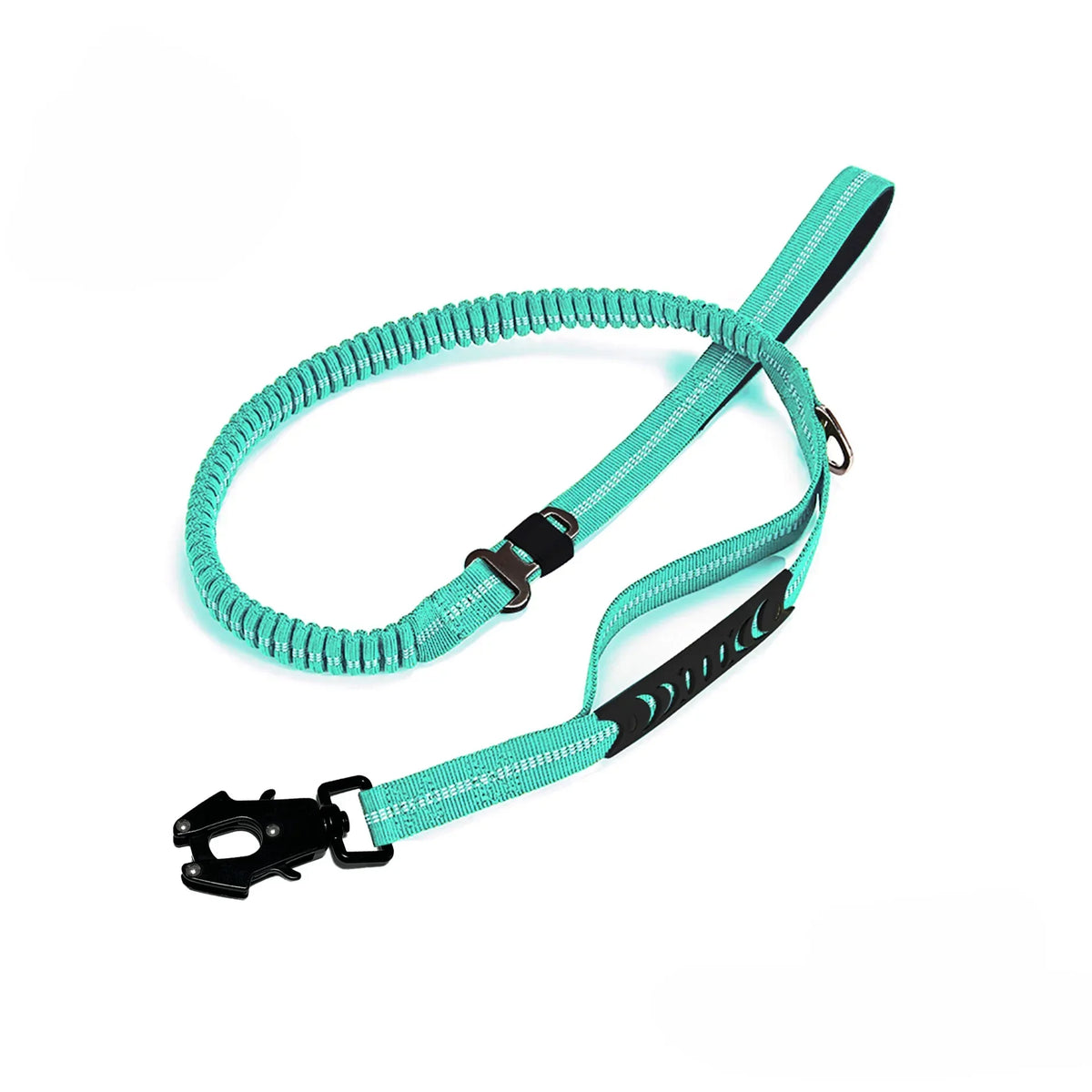 A bright turquoise heavy duty reflective dog leash with padded handles and traffic control features.