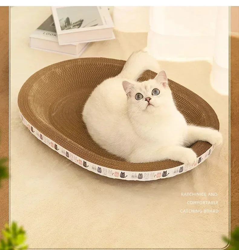 A fluffy white cat is relaxing on a round, woven pad designed as a catching board for scratching.