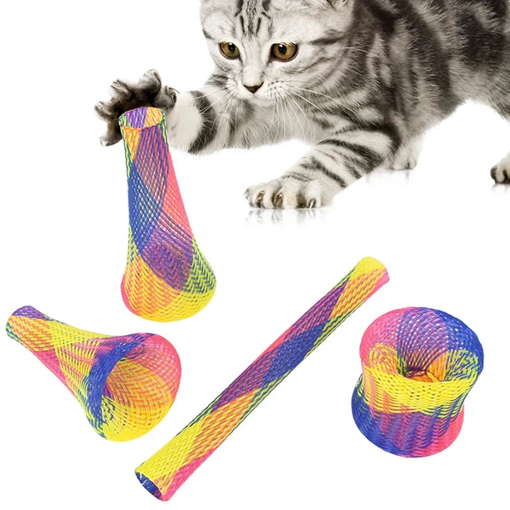 A tabby cat playing with a colorful spiral toy set featuring springs and a yarn ball.